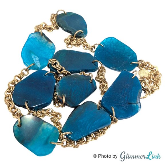 Vintage RG Graziano Blue Agate Long Gold Tone Necklace 36 Inch Layering Station - Picture 5 of 11